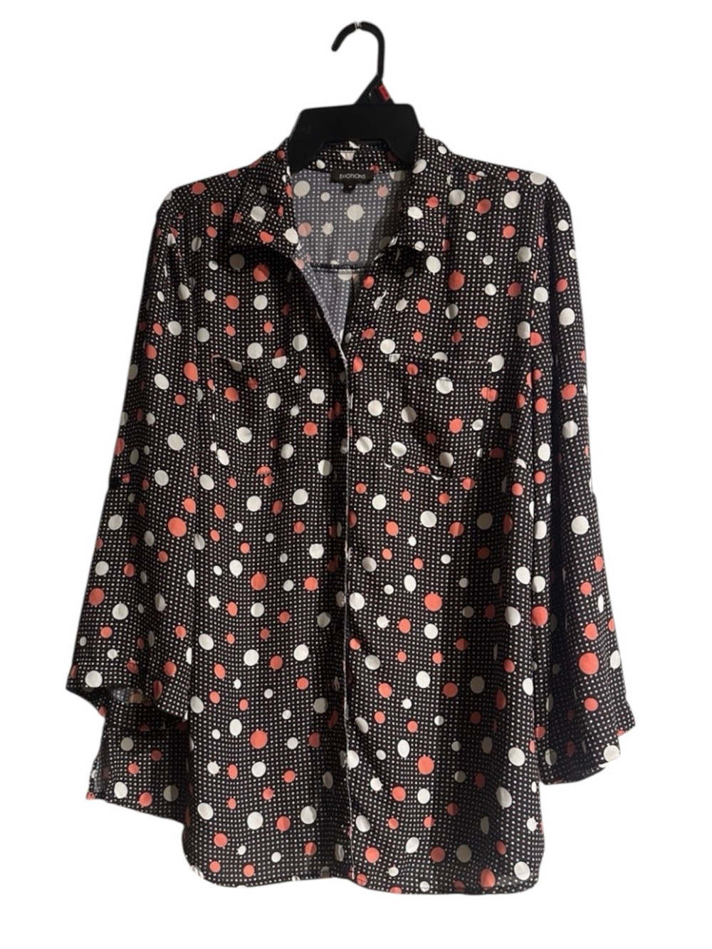 EMOTIONS Polka Dot Button Down Blouse in Black & Coral. Plus size 15